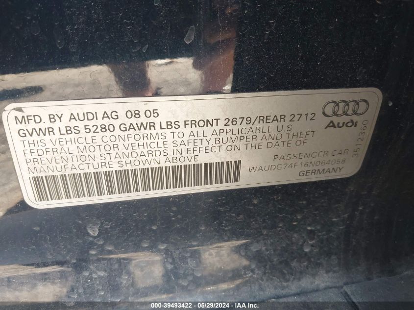 2006 Audi A6 3.2 VIN: WAUDG74F16N064058 Lot: 39493422