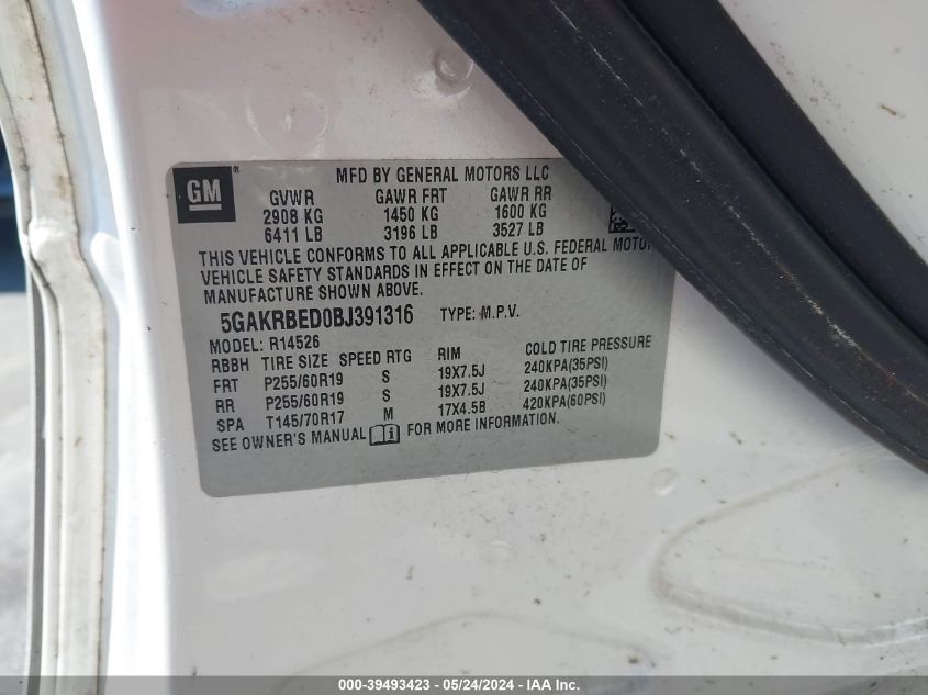 2011 Buick Enclave 1Xl VIN: 5GAKRBED0BJ391316 Lot: 39493423