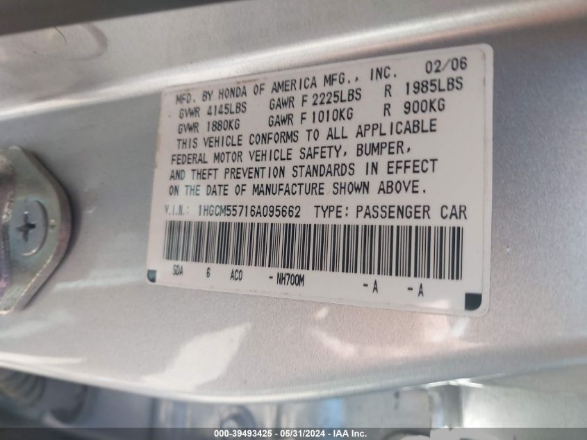 2006 Honda Accord 2.4 Ex VIN: 1HGCM55716A095662 Lot: 39493425