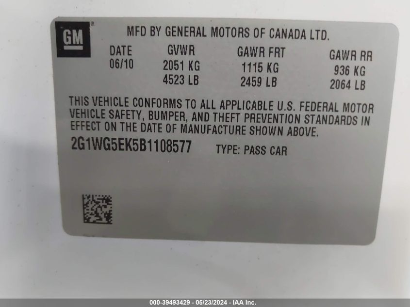 2011 Chevrolet Impala Lt VIN: 2G1WG5EK5B1108577 Lot: 39493429