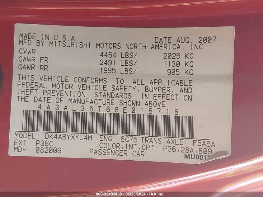 2008 Mitsubishi Eclipse Spyder Gt VIN: 4A3AL35T68E016716 Lot: 39493438