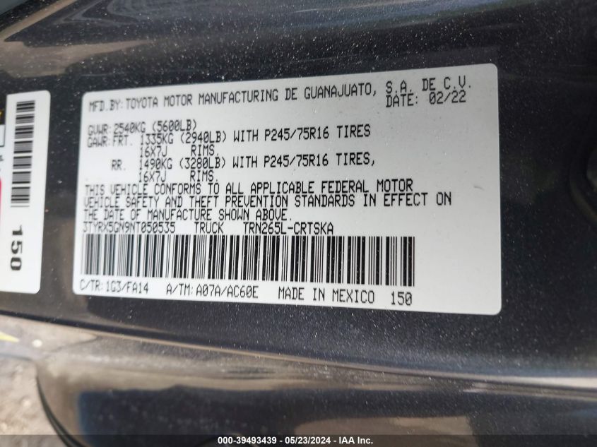 2022 Toyota Tacoma Sr VIN: 3TYRX5GN9NT050535 Lot: 39493439