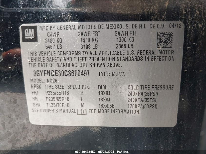 2012 Cadillac Srx Standard VIN: 3GYFNGE30CS600497 Lot: 39493452