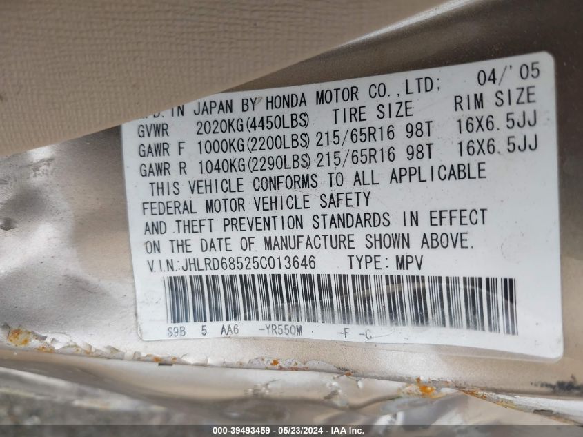 2005 Honda Cr-V Lx VIN: JHLRD68525C013646 Lot: 39493459