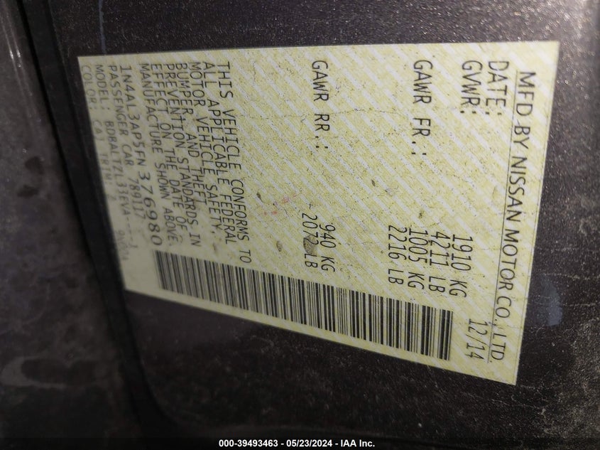 2015 Nissan Altima 2.5 Sl VIN: 1N4AL3AP5FN376980 Lot: 39493463