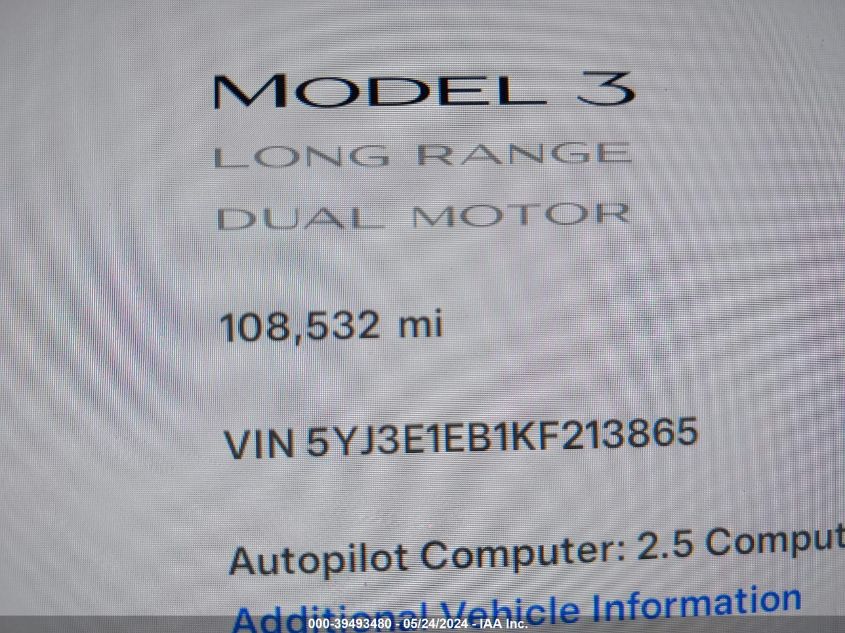 2019 Tesla Model 3 VIN: 5YJ3E1EB1KF213865 Lot: 39493480