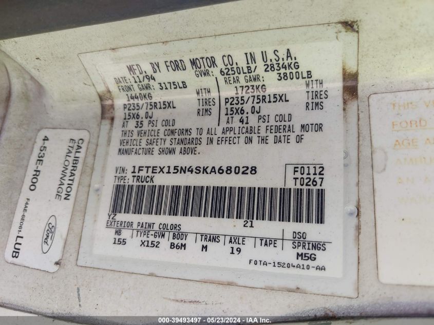 1995 Ford F150 VIN: 1FTEX15N4SKA68028 Lot: 39493497