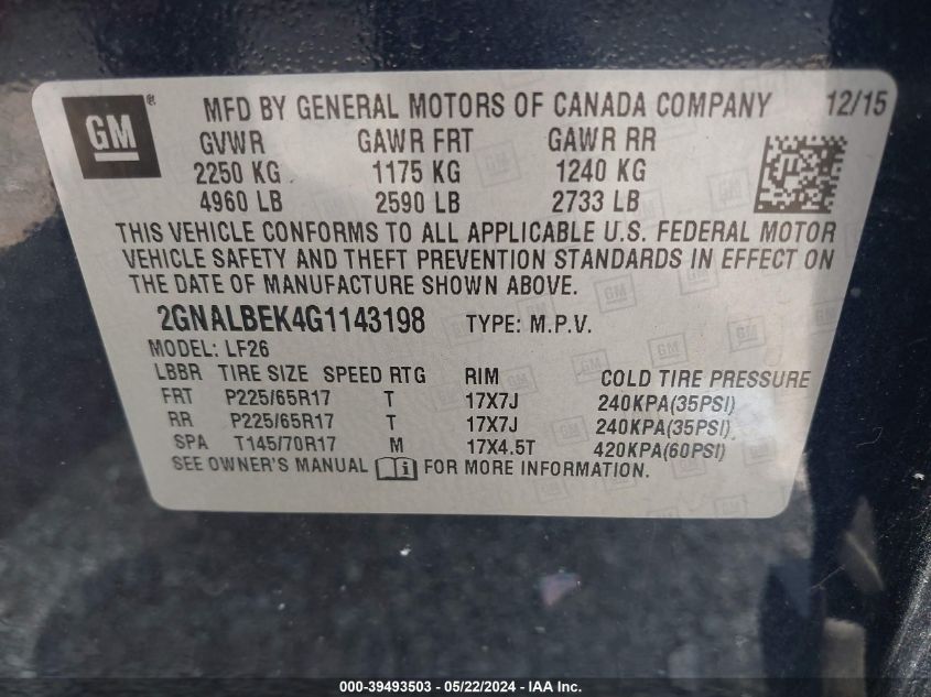 2016 Chevrolet Equinox Ls VIN: 2GNALBEK4G1143198 Lot: 39493503