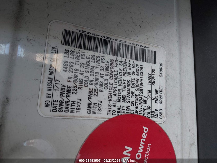 2017 Nissan Rogue Sl VIN: JN8AT2MT8HW143061 Lot: 39493507