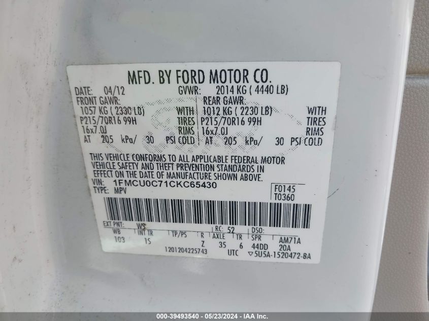 1FMCU0C71CKC65430 2012 Ford Escape Xls