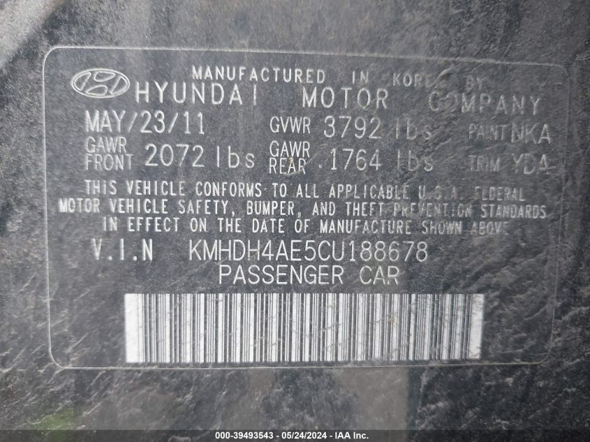 2012 Hyundai Elantra Gls/Limited VIN: KMHDH4AE5CU188678 Lot: 39493543