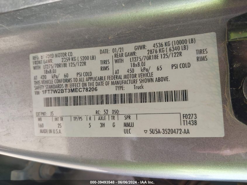 2021 Ford F-250 Xlt VIN: 1FT7W2BT3MEC78206 Lot: 39493548