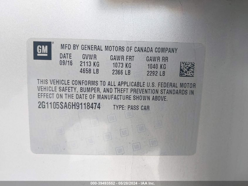 2017 Chevrolet Impala 1Lt VIN: 2G1105SA6H9118474 Lot: 39493552