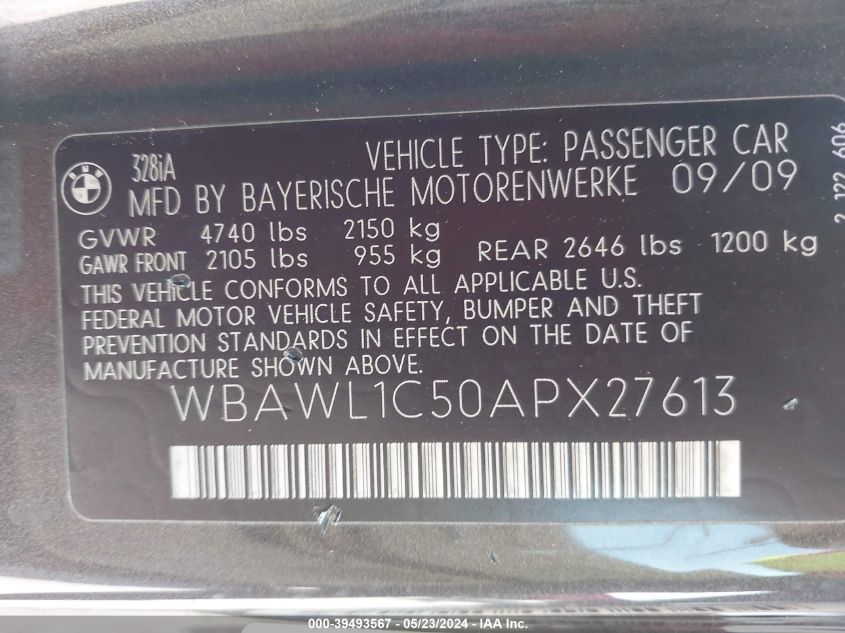 2010 BMW 328I VIN: WBAWL1C50APX27613 Lot: 39493567