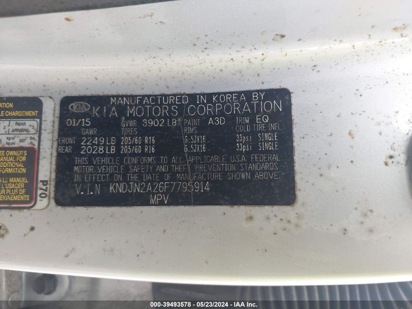 2015 Kia Soul VIN: KNDJN2A26F7795914 Lot: 39493578