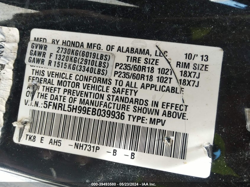 2014 Honda Odyssey Touring/Touring Elite VIN: 5FNRL5H99EB039936 Lot: 39493580