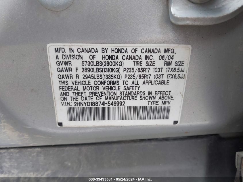 2004 Acura Mdx VIN: 2HNYD18874H546992 Lot: 39493581