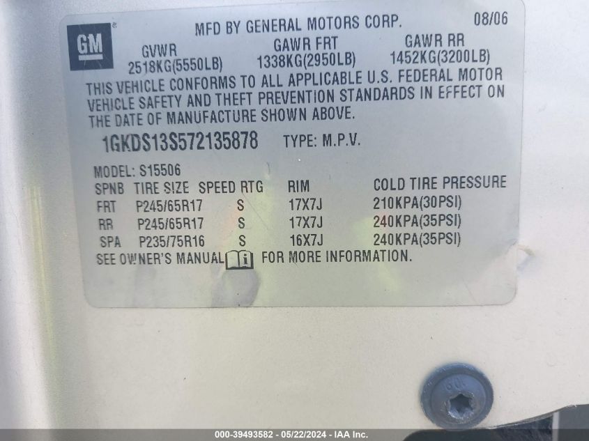 2007 GMC Envoy Sle VIN: 1GKDS13S572135878 Lot: 39493582