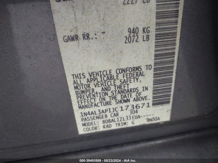 2018 Nissan Altima 2.5 Sv VIN: 1N4AL3AP1JC173671 Lot: 39493589