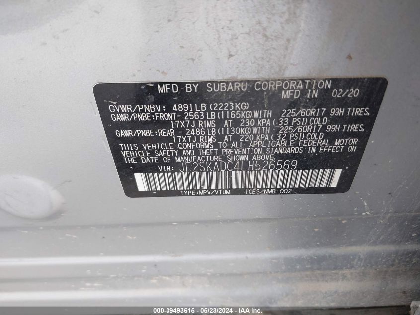 2020 Subaru Forester VIN: JF2SKADC4LH526569 Lot: 39493615