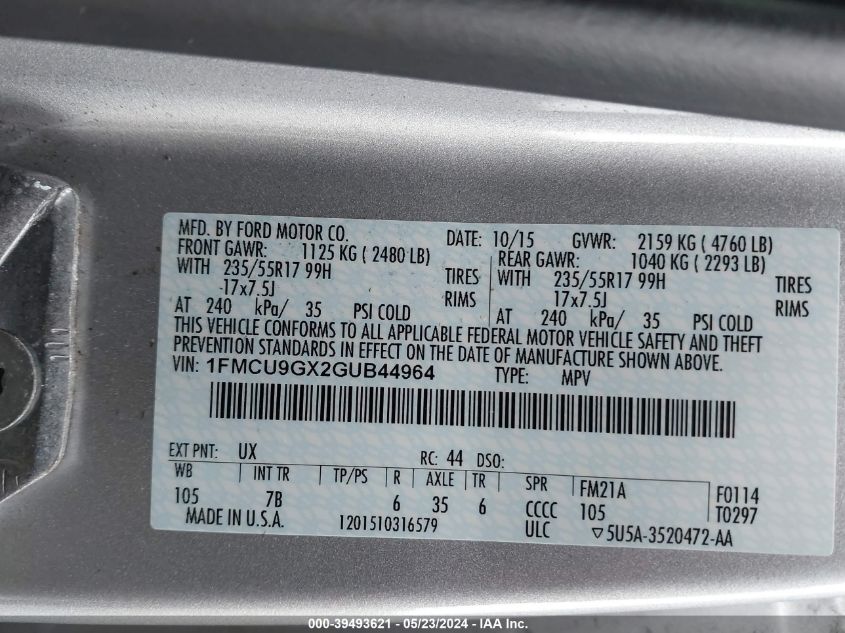 2016 Ford Escape Se VIN: 1FMCU9GX2GUB44964 Lot: 39493621