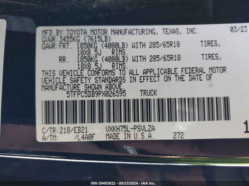 2023 Toyota Tundra Hybrid Trd Pro VIN: 5TFPC5DB9PX026595 Lot: 39493622