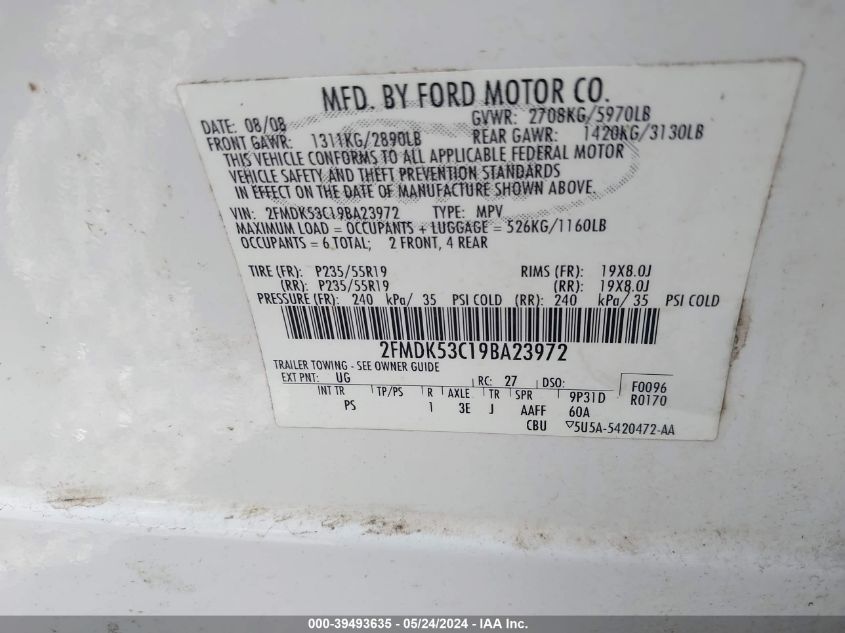 2009 Ford Flex Limited VIN: 2FMDK53C19BA23972 Lot: 39493635