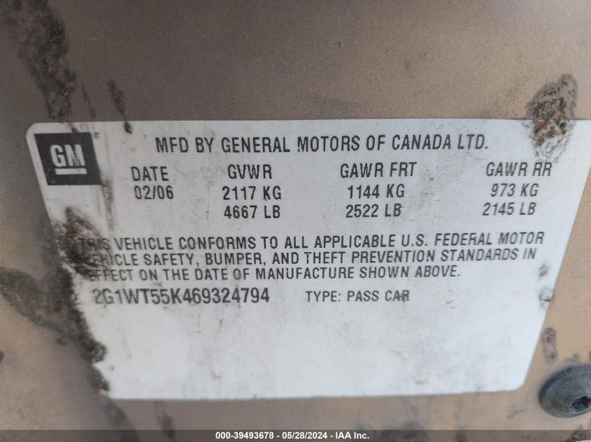 2006 Chevrolet Impala Lt VIN: 2G1WT55K469324794 Lot: 39493678