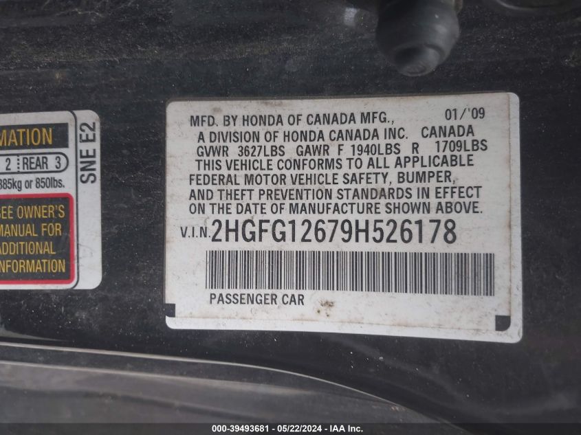 2009 Honda Civic Lx VIN: 2HGFG12679H526178 Lot: 39493681
