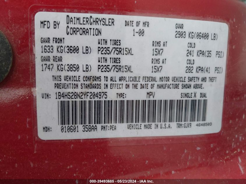 2000 Dodge Durango VIN: 1B4HS28N2YF204975 Lot: 39493685