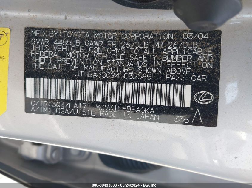 2004 Lexus Es 330 VIN: JTHBA30G945032585 Lot: 39493688