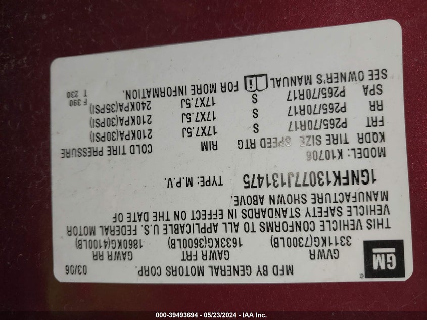 2007 Chevrolet Tahoe Ls VIN: 1GNFK13077J131475 Lot: 39493694