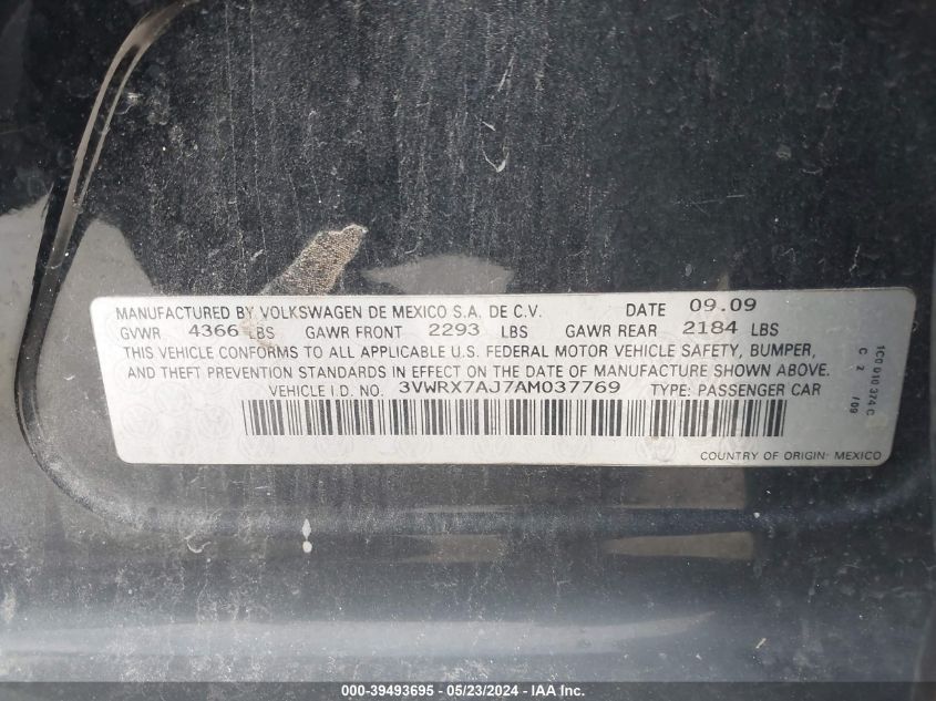 2010 Volkswagen Jetta Se VIN: 3VWRX7AJ7AM037769 Lot: 39493695