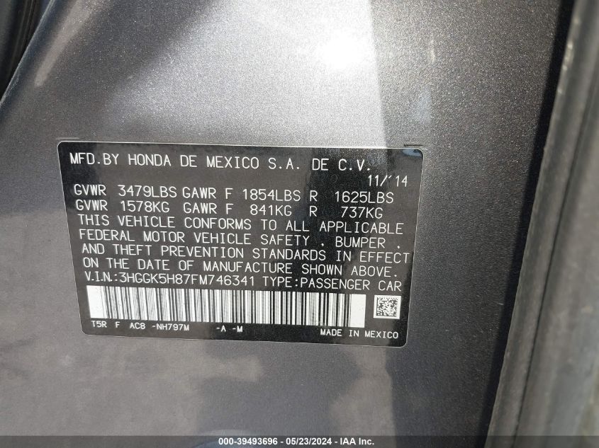 2015 Honda Fit Ex/Ex-L VIN: 3HGGK5H87FM746341 Lot: 39493696