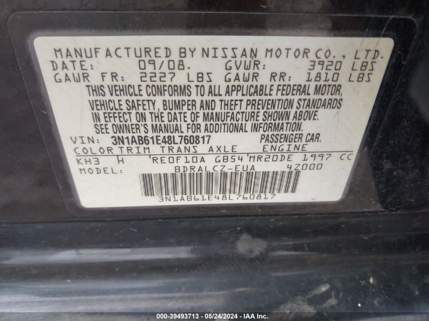 2008 Nissan Sentra 2.0 VIN: 3N1AB61E48L760817 Lot: 39493713
