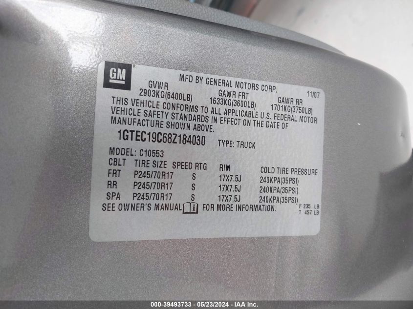 2008 GMC Sierra 1500 Work Truck VIN: 1GTEC19C68Z184030 Lot: 39493733