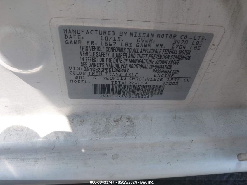 2016 Nissan Versa Note S (Sr)/S Plus/Sl/Sr/Sv VIN: 3N1CE2CP8GL365187 Lot: 39493747