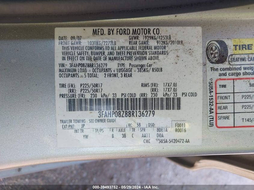 2008 Ford Fusion Sel VIN: 3FAHP08Z88R136279 Lot: 39493752