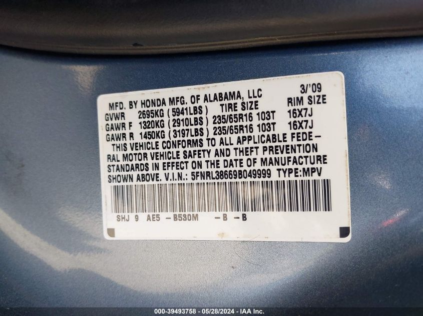 2009 Honda Odyssey Ex-L VIN: 5FNRL38669B049999 Lot: 39493758