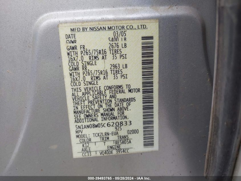 2005 Nissan Xterra Off Road VIN: 5N1AN08W05C620833 Lot: 39493765