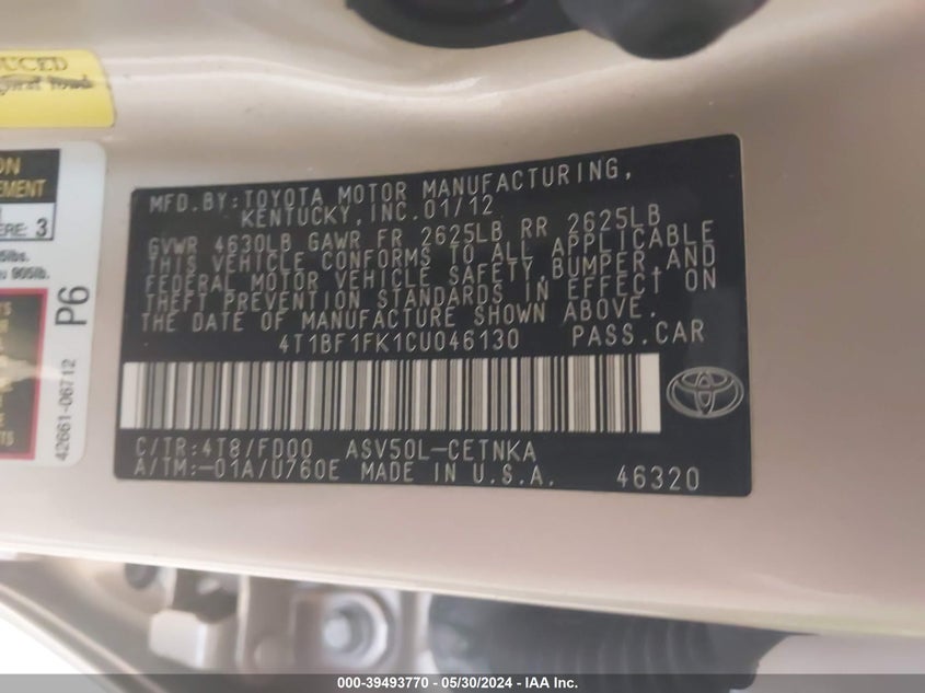 2012 Toyota Camry Le VIN: 4T1BF1FK1CU046130 Lot: 39493770