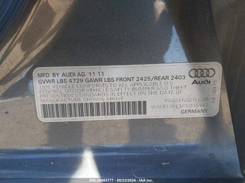 2012 Audi A4 2.0T Premium VIN: WAUEFAFL3CN015947 Lot: 39493777