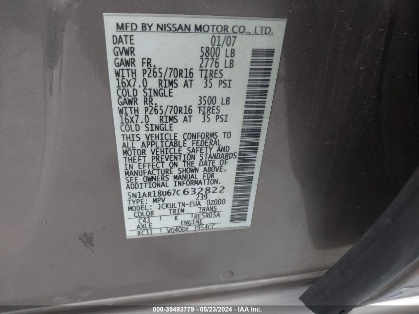 2007 Nissan Pathfinder Se VIN: 5N1AR18U67C632822 Lot: 39493779