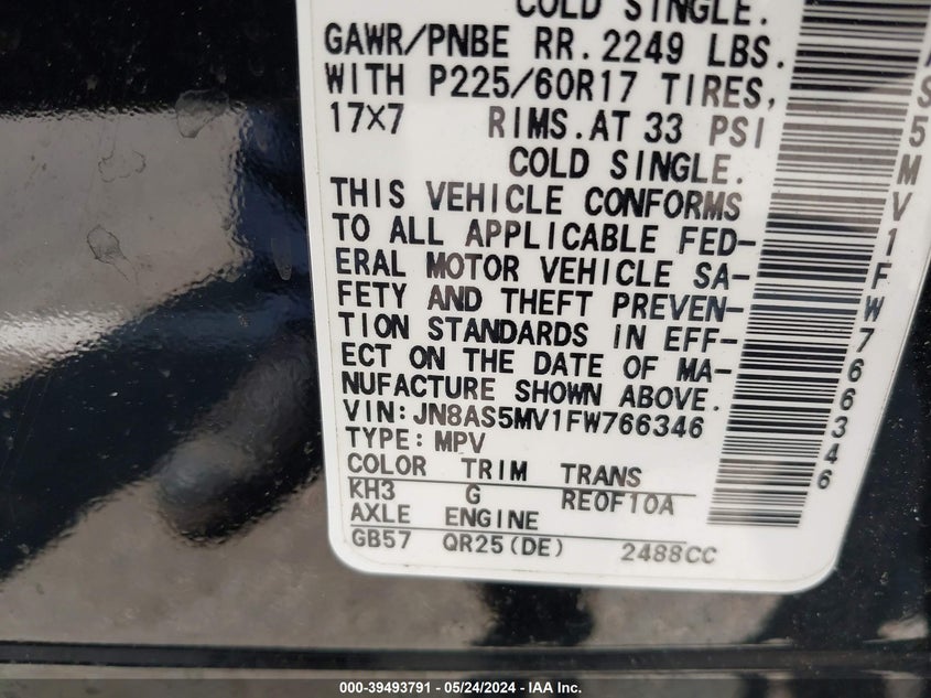 2015 Nissan Rogue Select S VIN: JN8AS5MV1FW766346 Lot: 39493791