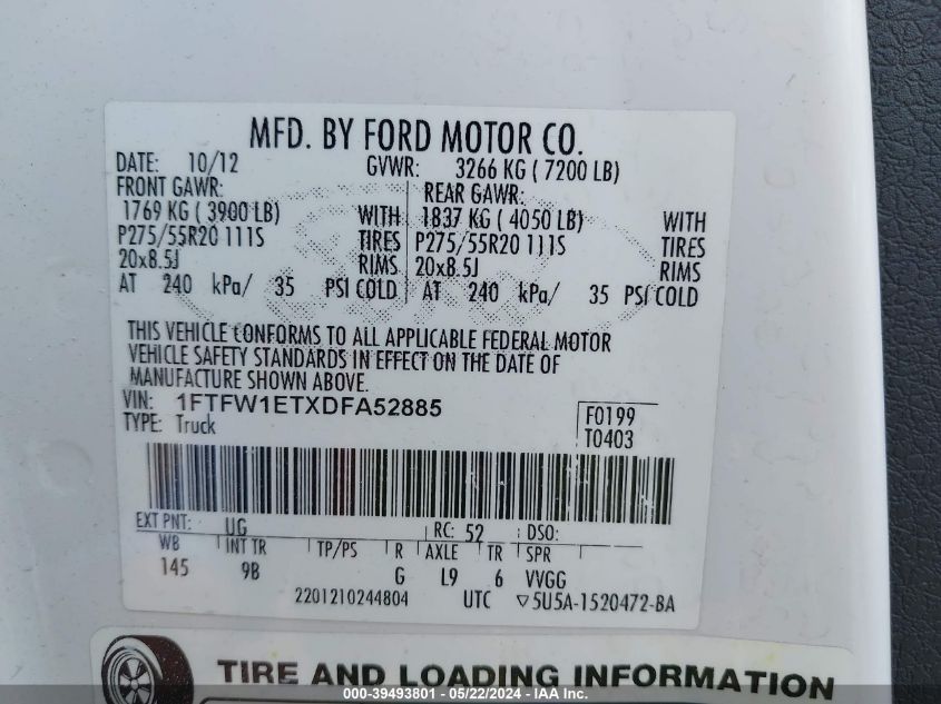 2013 Ford F-150 Platinum VIN: 1FTFW1ETXDFA52885 Lot: 39493801