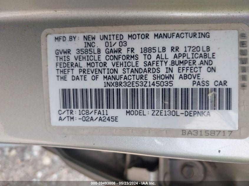 2003 Toyota Corolla Le VIN: 1NXBR32E53Z145035 Lot: 39493808