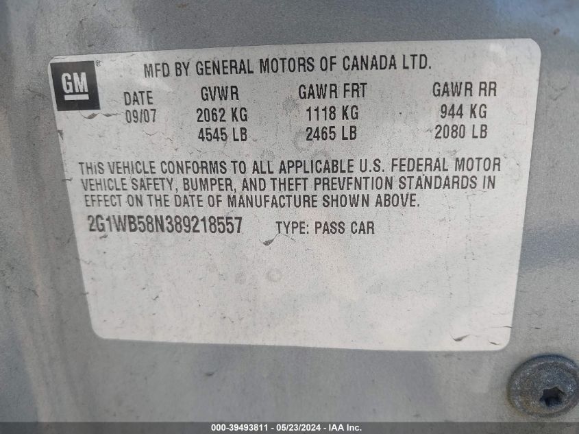 2008 Chevrolet Impala Ls VIN: 2G1WB58N389218557 Lot: 39493811