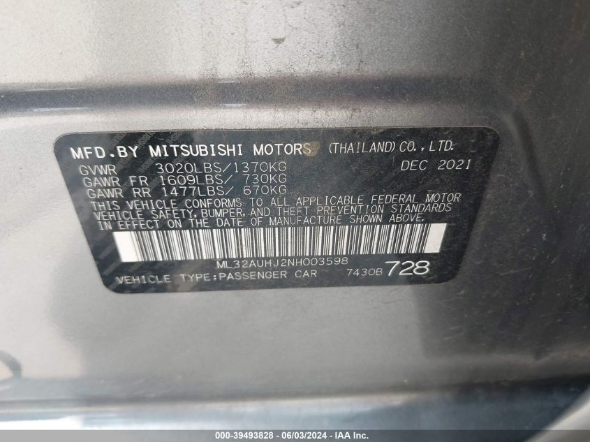 2022 Mitsubishi Mirage Es/Le VIN: ML32AUHJ2NH003598 Lot: 39493828