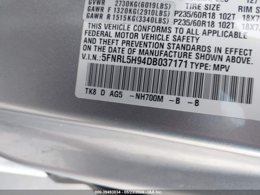 2013 Honda Odyssey Touring/Touring Elite VIN: 5FNRL5H94DB037171 Lot: 39493834