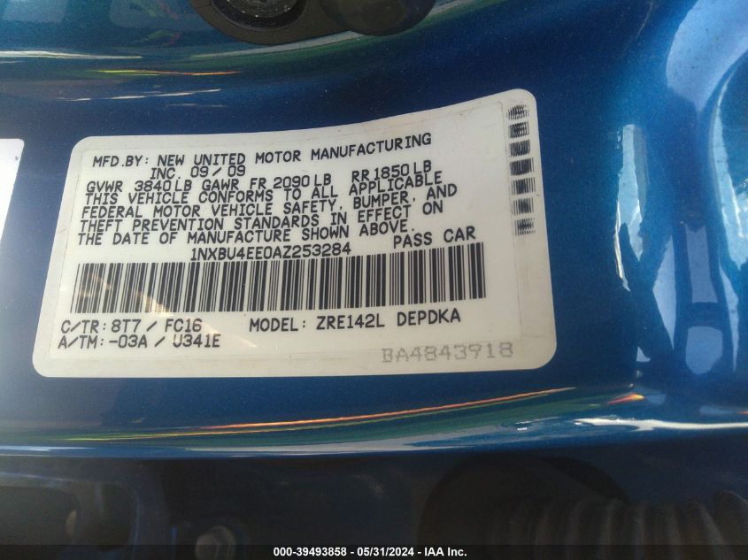 2010 Toyota Corolla S/Le/Xle VIN: 1NXBU4EE0AZ253284 Lot: 39493858